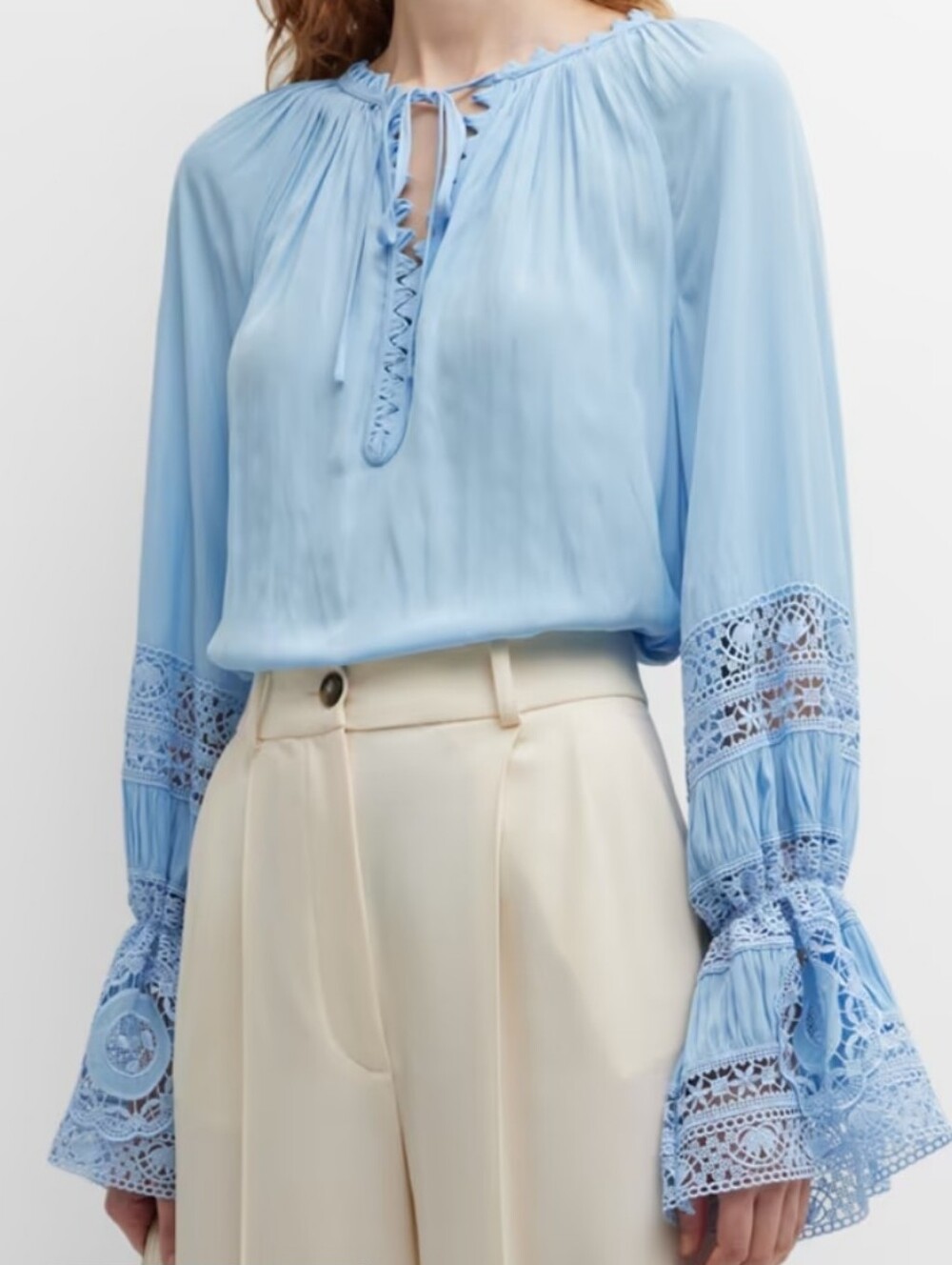 Kobi Halperin Women's Jane Ruched Blouson-Sleeve Lace-Inset Blouse Size XL Boho